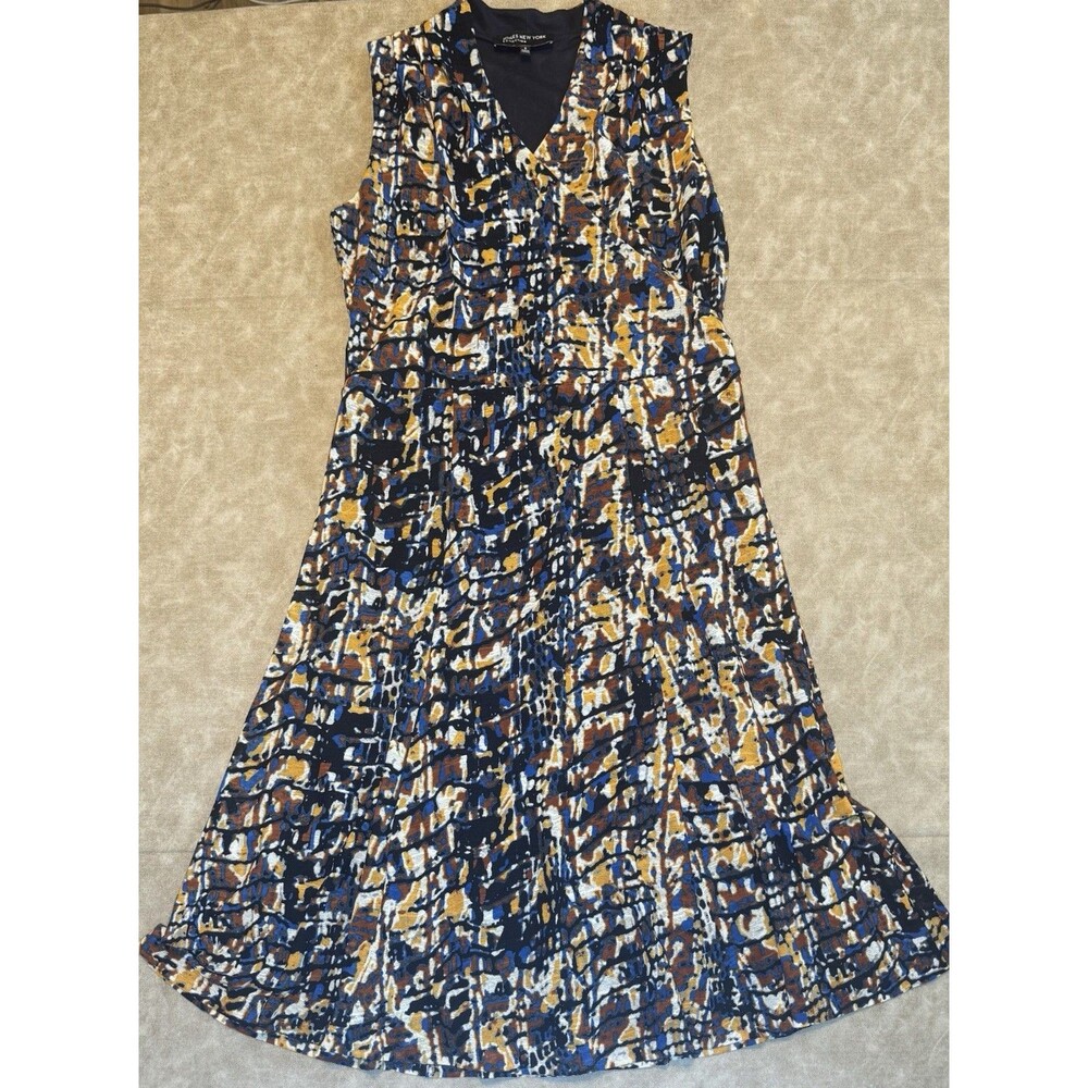 Jones New York Wrap A-line Dress Womans Yellow Blue Printed Sleeveless Sz SMALL